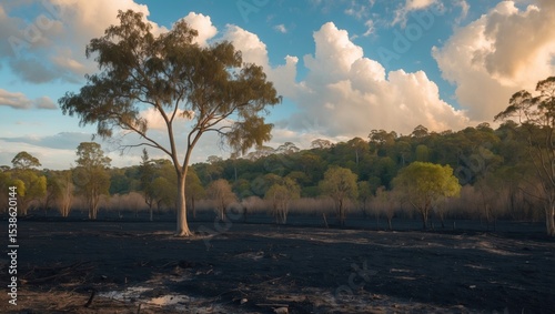 Early spring burned vegetation of a meadow near the forest. Dark ash on the land ground following grass fires. Natural disaster threatening wild flora and fauna. Drought season idea.