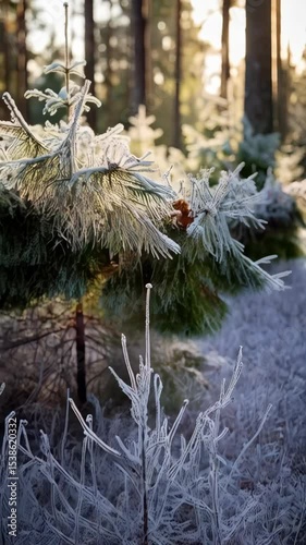 Iced young spruces gleam in the sunlight in a dense, tall forest during a cold winter morning.