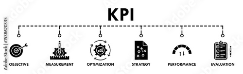 KPI banner web icon vector illustration concept for key performance indicator in the business metrics with an icon of objective, measurement, optimization, strategy, performance, and evaluation