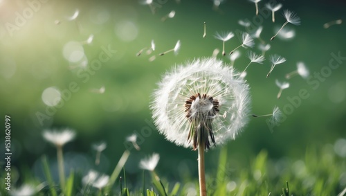 Close UP of a dandelion shedding seeds into the wind, with a lush background. Close-up of a dandelion with seeds drifting away in the breeze. Soft winds carry off the fluffy dandelion seeds.