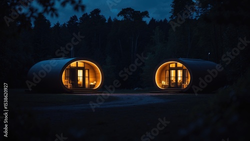Evening scene of Glamorous Camping Tent at Situgunung Suspension Bridge situated within Gede-Pangrango Mountains National Park, Sukabumi, Indonesia