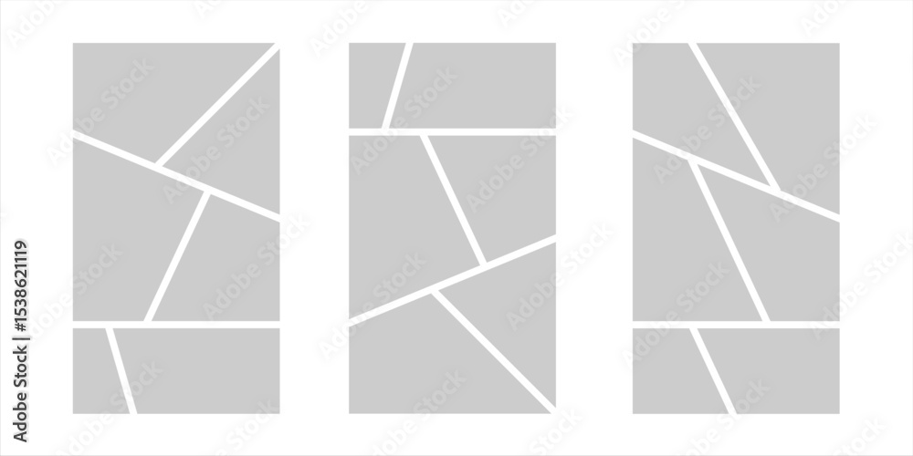 Image collage layout template. Grey mosaic mood board grid collection. Picture frame set. Photo album idea for banner, poster, comic page, flyer, brochure, booklet, memory wall design. Vector pack