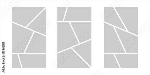 Image collage layout template. Grey mosaic mood board grid collection. Picture frame set. Photo album idea for banner, poster, comic page, flyer, brochure, booklet, memory wall design. Vector pack