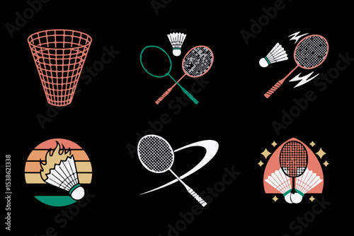 Six Badminton Sport Equipment Illustrations Red Green White Shuttlecocks Rackets Net Retro Sunset Design Elements