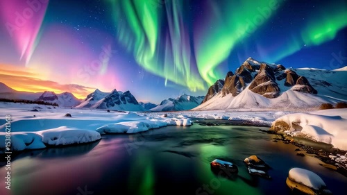 Majestic aurora borealis over snow-capped mountains reflecting in river during winter night, painting celestial light over landscape