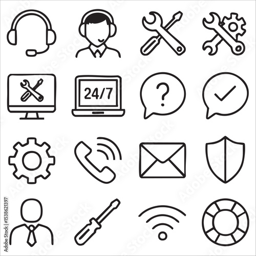 Collection of Simple Black Line Icons for Support and Communication.