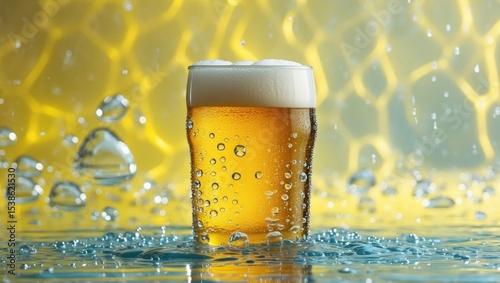 Drinking macro beer with a watery backdrop, condensation appears at the base of a chilled pint of beer, and the transparent background emphasizes the water droplets on the vibrant yellow surface.