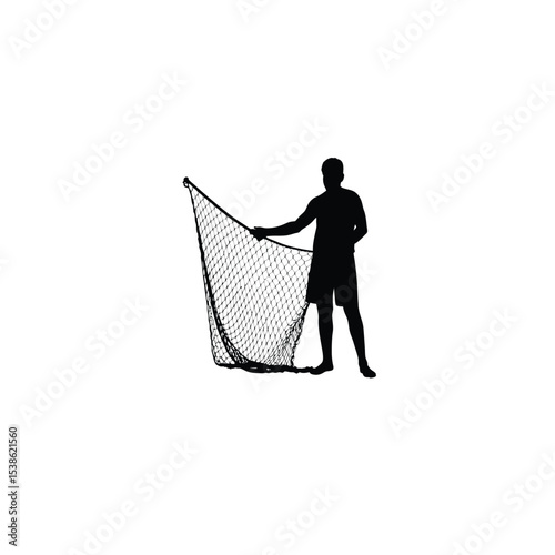 man holding fishing net silhouette on white background