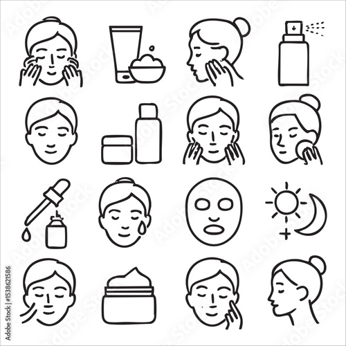 Skincare Routine Icons Depicting Cleansing Moisturizing and Facial Treatments.