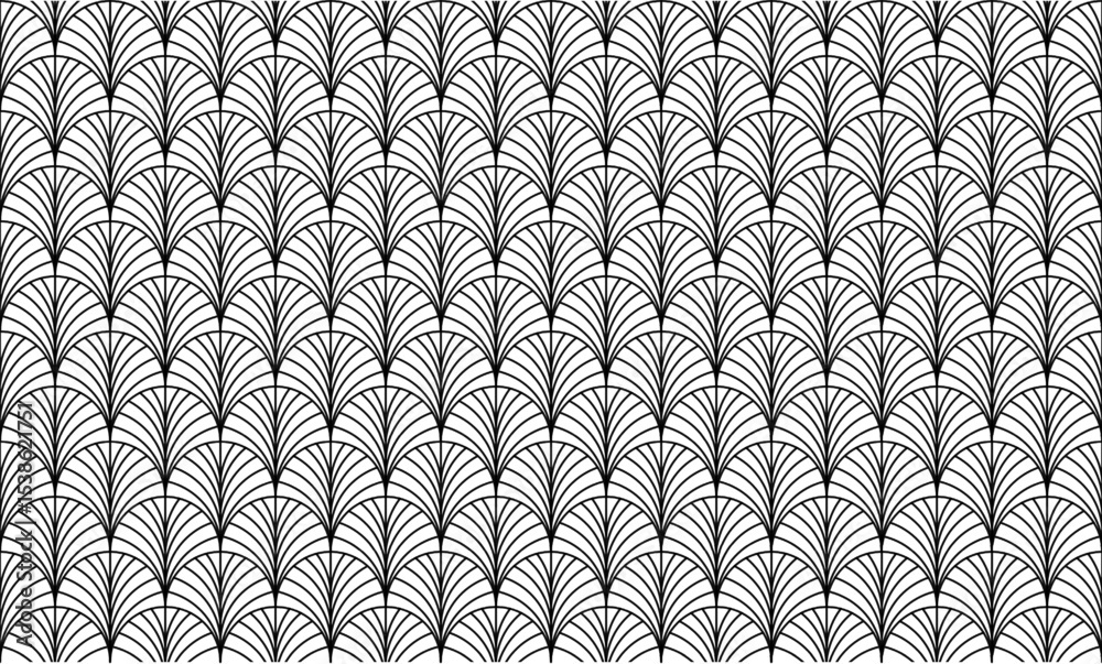 Seamless black and white art deco pattern, elegant fan scale motif, minimal geometric background, perfect for textile, wallpaper, wrapping, or web design