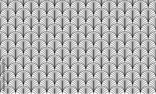 Seamless black and white art deco pattern, elegant fan scale motif, minimal geometric background, perfect for textile, wallpaper, wrapping, or web design
