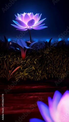 Illuminated glowing lotus blossom stands among foliage against a dark dreamy backdrop with bokeh lights creating a magical scene.