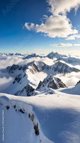 Panoramic view of snow covered mountains piercing through clouds, with rugged peaks under a blue sky. Winter landscape with rocky alpine formations.