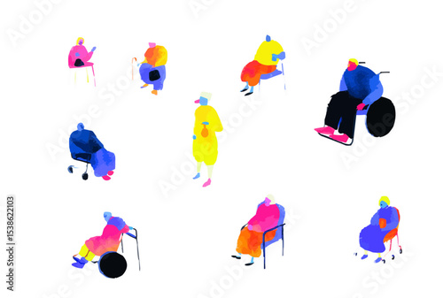 Set of web icons on the topic: Seniors in hospice in line style. Icons Seniors in Hospice for Web and Mobile Apps. Machine learning, websites, online schools, landing pages, AI digital technology