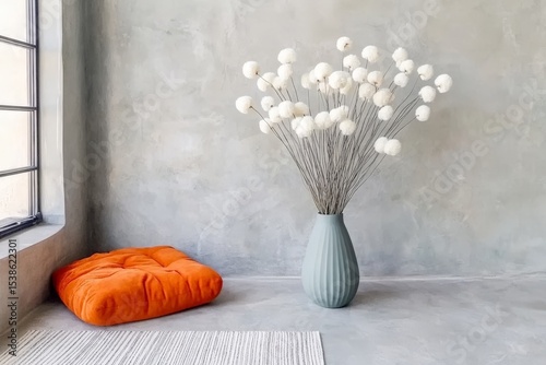 Minimalist interior with orange cushion and white decorative vase in sunlit room