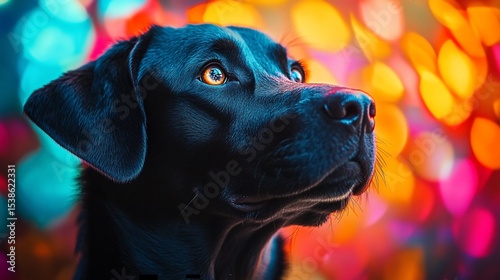 Close-up of a black Labrador looking upward against a vibrant, colorful bokeh background