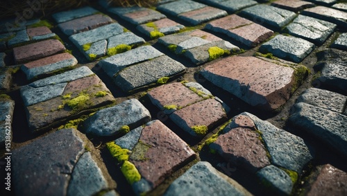 A detailed close-up of wet cobblestones, shimmering following recent rainfall. The image highlights texture, autumn hues, and tiny puddles, creating a tranquil and peaceful outdoor scene.