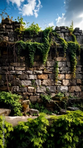 Ancient stone wall overgrown with green vines under bright blue sky, creating a scenic, textured ruin landscape, full of aged stonework and organic green life.