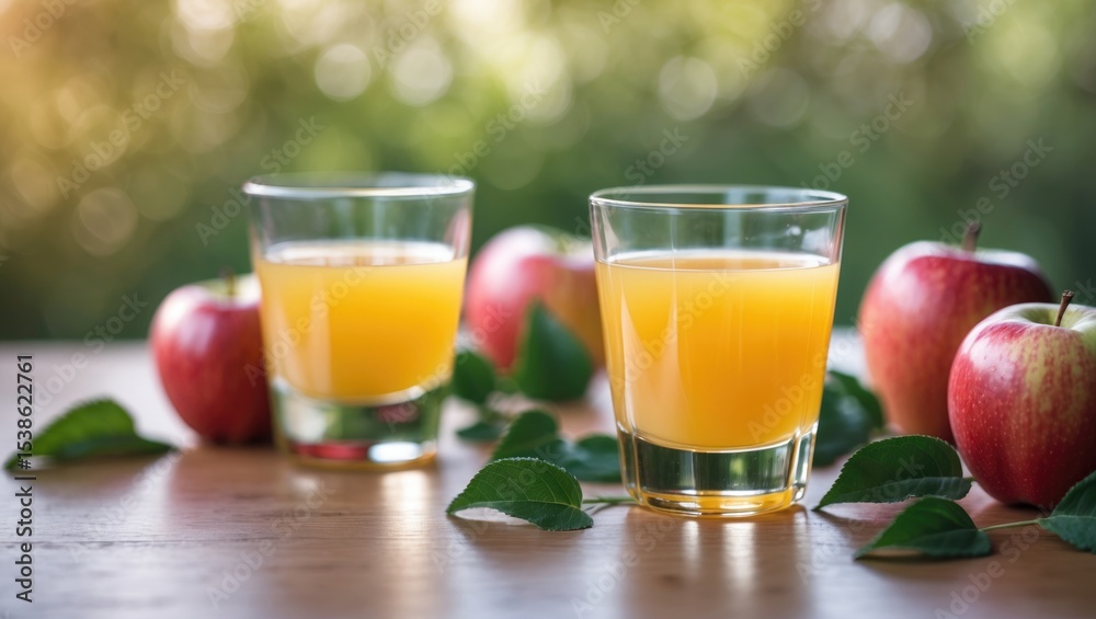 Glasses of apple juice accompanied by fresh apples. Glasses of apple juice accompanied by fresh apples.