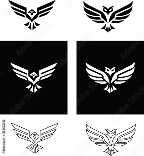 Eagle wings spread logo icon vector set in different styles for freedom and victory themes.