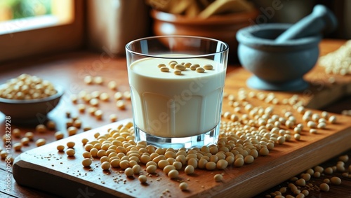Glass of healthy soy milk on table