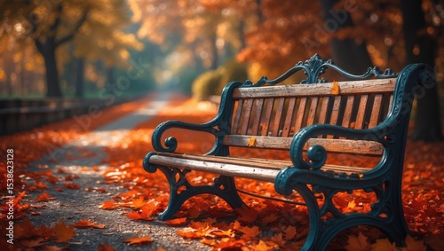 A bench with a black and brown frame is placed on a brick walkway. The bench is unoccupied and encircled by fallen leaves. Concept of tranquility and peacefulness, as the bench is a quiet spot to sit.