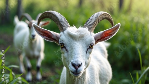Goat portrait featuring a white long-haired goat with horns and beard.