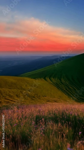 Rolling green hills at dusk with golden grasses and wildflowers on a gentle slope under a pastel sky