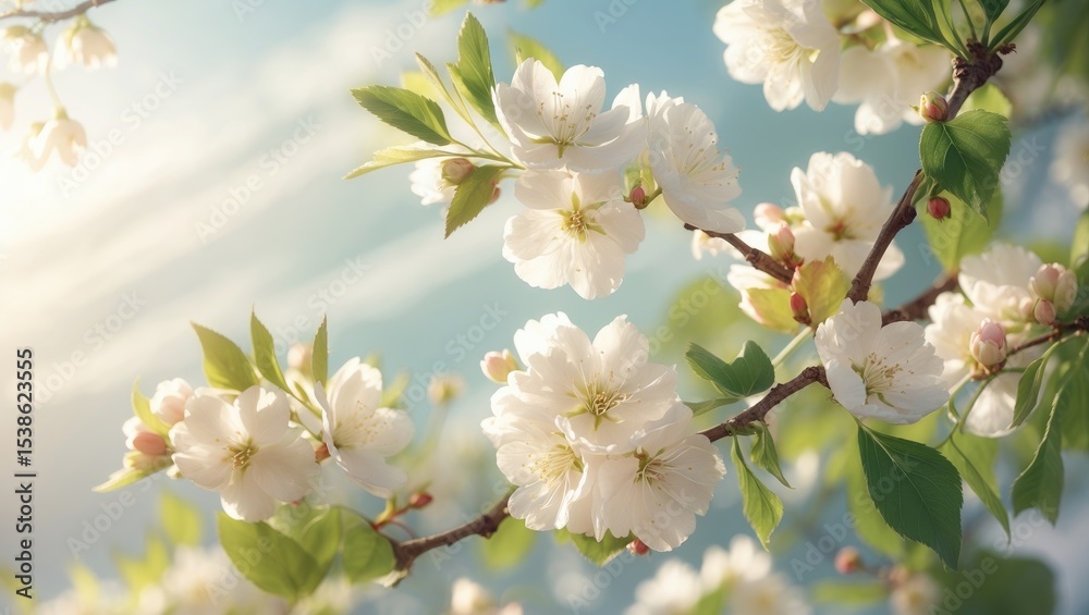 Obraz premium Springtime scene featuring white blossoms and sunbeams on branches, perfect for greeting cards.