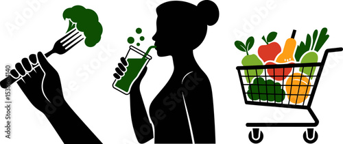 Healthy eating lifestyle concept with woman drinking juice and shopping for fresh vegetables and fruits editable stock vector illustration
