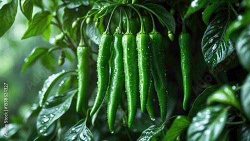 A bright green Shishito pepper shines in the sunlight, decorated with glistening water droplets. Recently picked, this pepper offers a charming, mild taste ideal for culinary explorations.