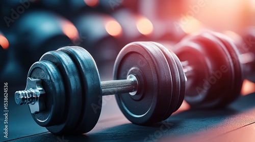 Close-up of two dumbbells resting on a gym floor, with blurred background of other gym equipment