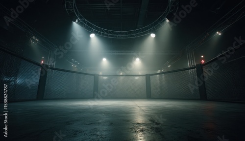 A dim MMA ring is illuminated by spotlights under a metal frame ceiling