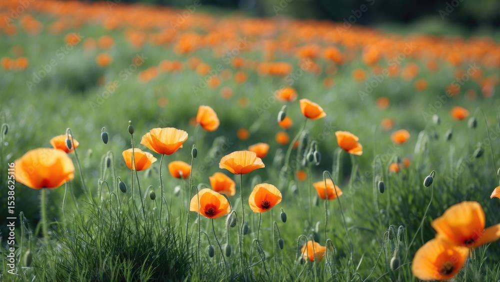 Obraz premium Bright orange poppies fill the field, swaying in a soft breeze beneath the warm sunlight of early spring, presenting a breathtaking natural display of color and life.