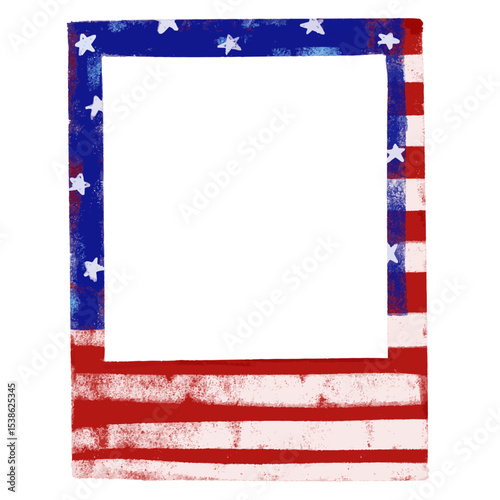Cute blank hand drawn instant photo frame paper happy 4th of july united states of America national independence day flag crayon grunge grungy watercolor doodle illustration design