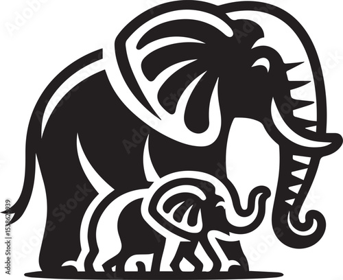 Majestic African Elephant and Calf Family Wildlife Animal Illustration in Black and White Style