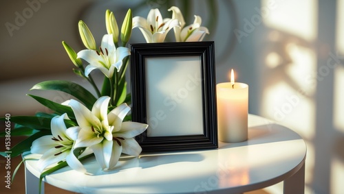 Funeral photo frame decorated with black ribbon and lilies on a white table indoors, Providing space for customization.