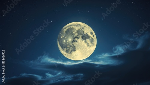 Fototapeta Naklejka Na Ścianę i Meble -  Full moon in the sky at night accompanied by stars and clouds
