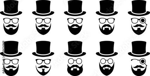 Vintage gentleman vector icons set top hat beard mustache glasses monocle silhouette design elements art editable stock vector illustration