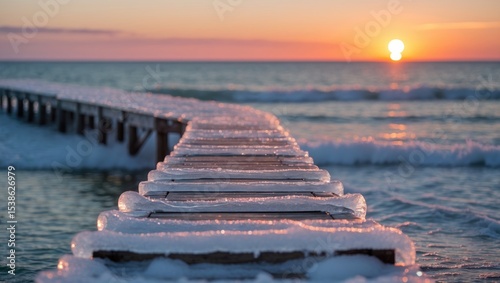 Fototapeta Naklejka Na Ścianę i Meble -  Frozen sea bridge along the Baltic Sea coast during winter sunset.
