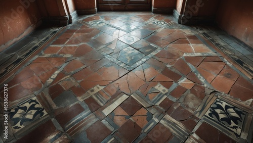 From above, weathered surface of ornamental tiled floor inside an old building