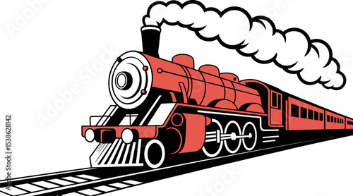 Vintage red train illustration steam locomotive engine railway art vector graphics transportation design editable stock vector illustration