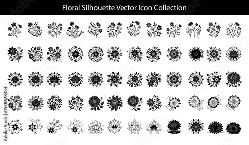 Diverse black botanical elements showcase delicate floral arrangements and intricate nature patterns on a transparent backdrop
