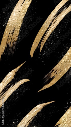 Abstract golden brush stroke patterns on a dark background, portraying elegance and luxury. Perfect for illustrations, art decor, and design concepts.
