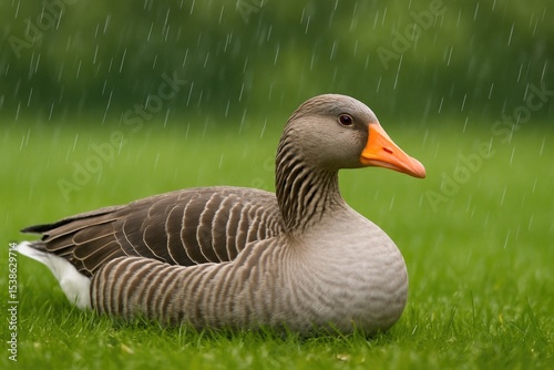 A goose resting peacefully on the grass during rainfall