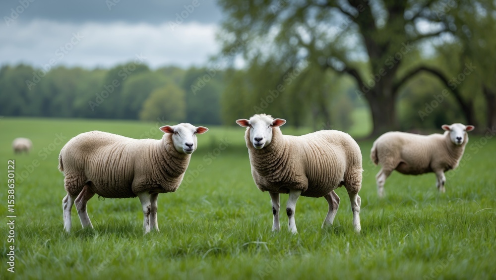 Fototapeta premium A small flock grazing under overcast skies