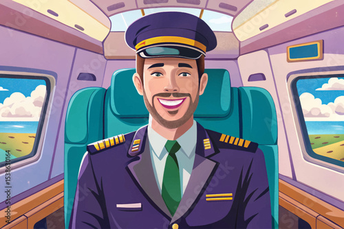 Confident airline pilot smiling in cockpit before takeoff, representing aviation professionalism, safety, trust, and readiness inside a modern aircraft flight deck