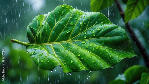 A lush green guava leaf shimmering with raindrops after a rain shower