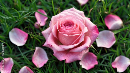 Soft pink rose petals scattered across lush green grass
