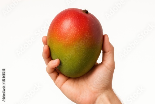 Close-up of a hand grasping a ripe mango against a plain white backdrop